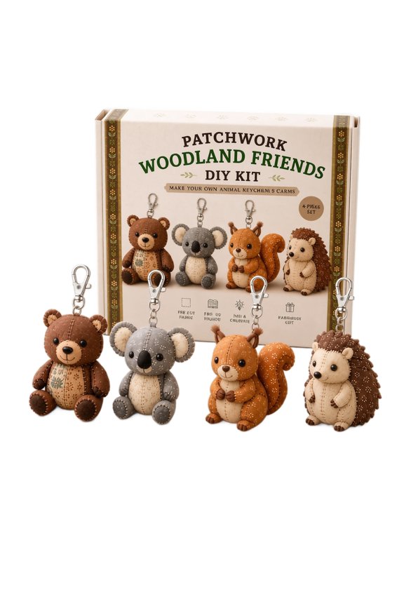 Keychain Making Kit 4 Piece Woodland Animal Patchwork Diy Beginner Sewing Kit for Craft Enthusiasts