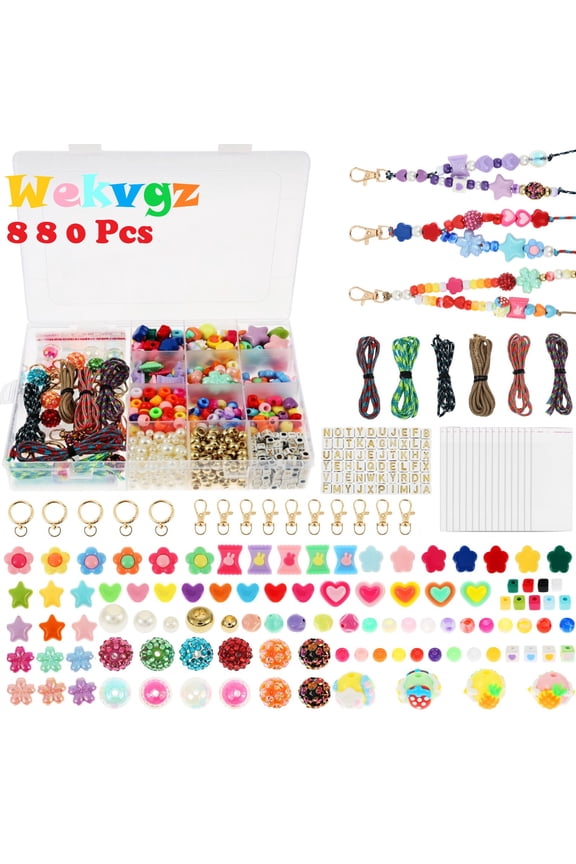 Keychain Making Kit 880Pcs, DIY Bag Charm Kit with Acrylic Alphabet Beads and Braided Cords, Jewelry Craft Supplies for Women