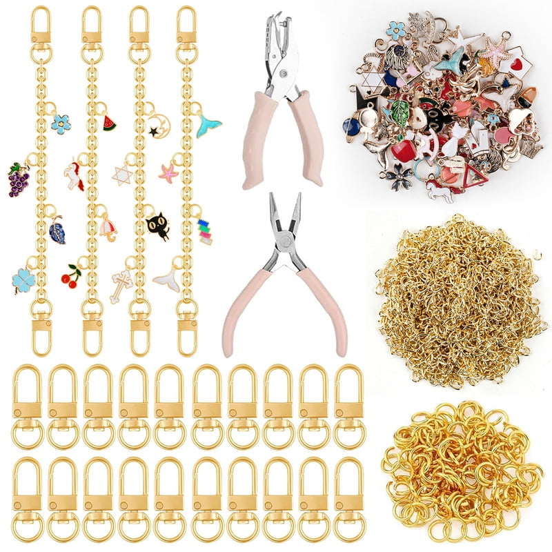 Keychain Making Kit w/Charms Jump Rings Hole Punch Pliers for DIY Crafting and Jewelry Making