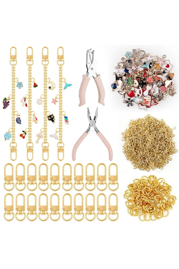 Keychain Making Kit w/Charms Jump Rings Hole Punch Pliers for DIY Crafting and Jewelry Making