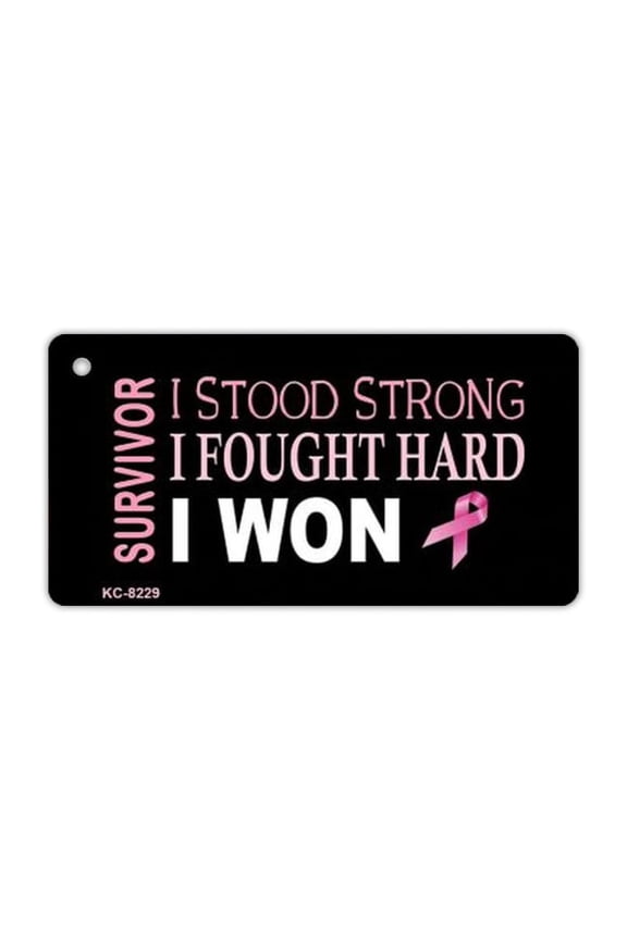 Keychain, Metal, Breast Cancer Survivor (Stood Strong, Fought Hard, Won), 3" x 1.5" Key Chain w/Metal Keyring