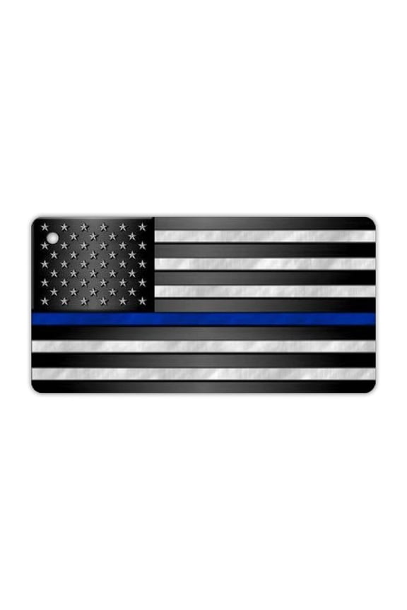Keychain, Metal, Thin Blue Line United States Flag (Police Department), 3" x 1.5" Key Chain w/Metal Keyring