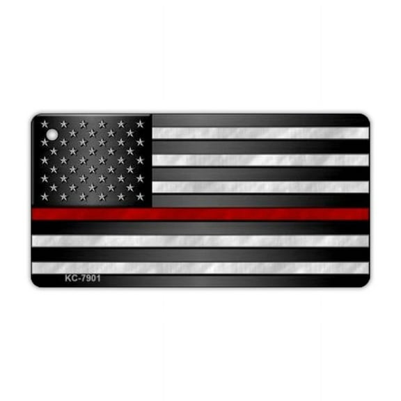 Keychain, Metal, Thin Red Line United States Flag (Fire Department), 3" x 1.5" Key Chain w/Metal Keyring
