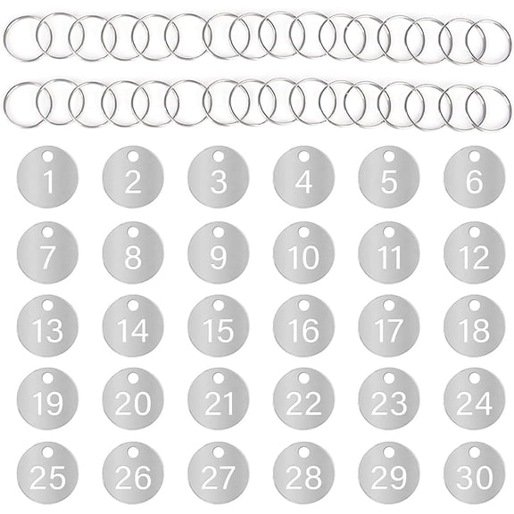 Keychain Numbers 1-30,30mm Round Keychain Numbers Metal,30 PCS Hollow Number Charms Stainless Steel,Key Rings with Numbers and ID Tag Cat/Dog for Luggage,Locker