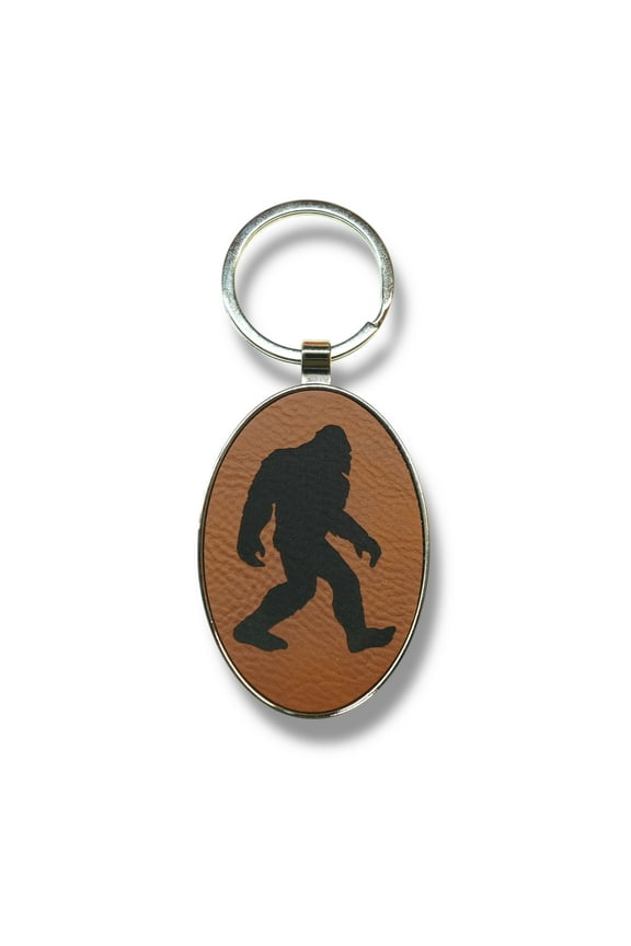 Keychain - Oval/Metal - Bigfoot Sasquatch - Leather