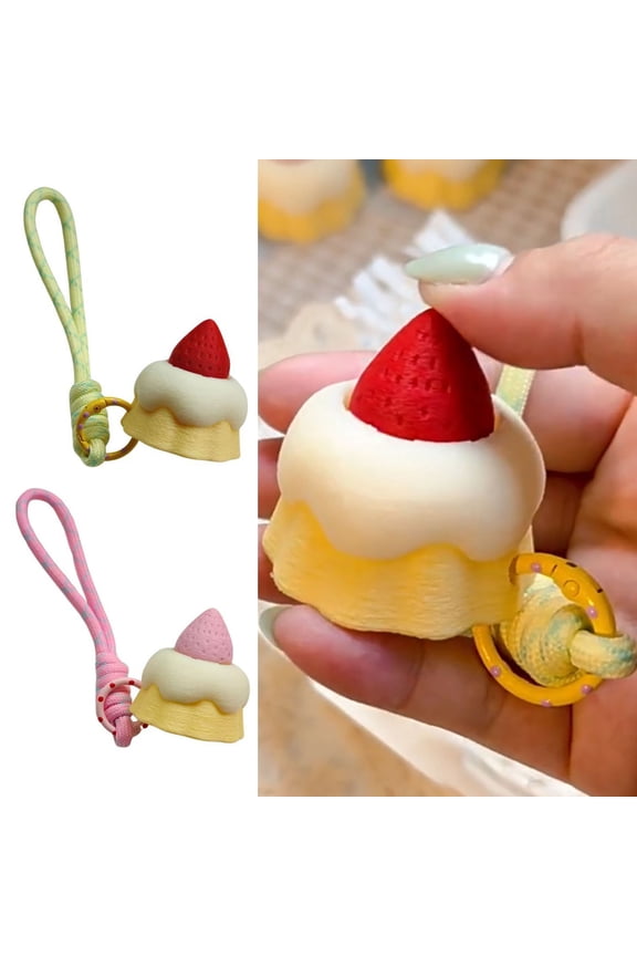 Keychain Pendant 3D Printing Strawberry Cake Design Decompression Clicker Toy with Lanyard Mini Stress Relief Bag Pendant