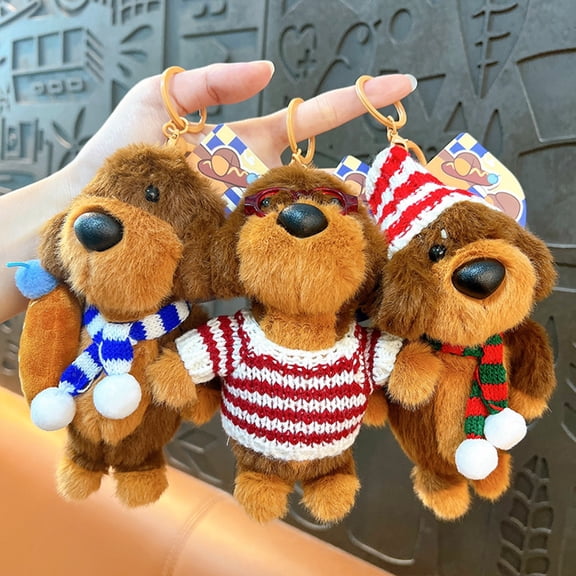 Keychain Pendant Plush Dog Doll Charm Key Chain with Hats Sweaters Scarves Backpacks Keys Pendant Gift Accessory