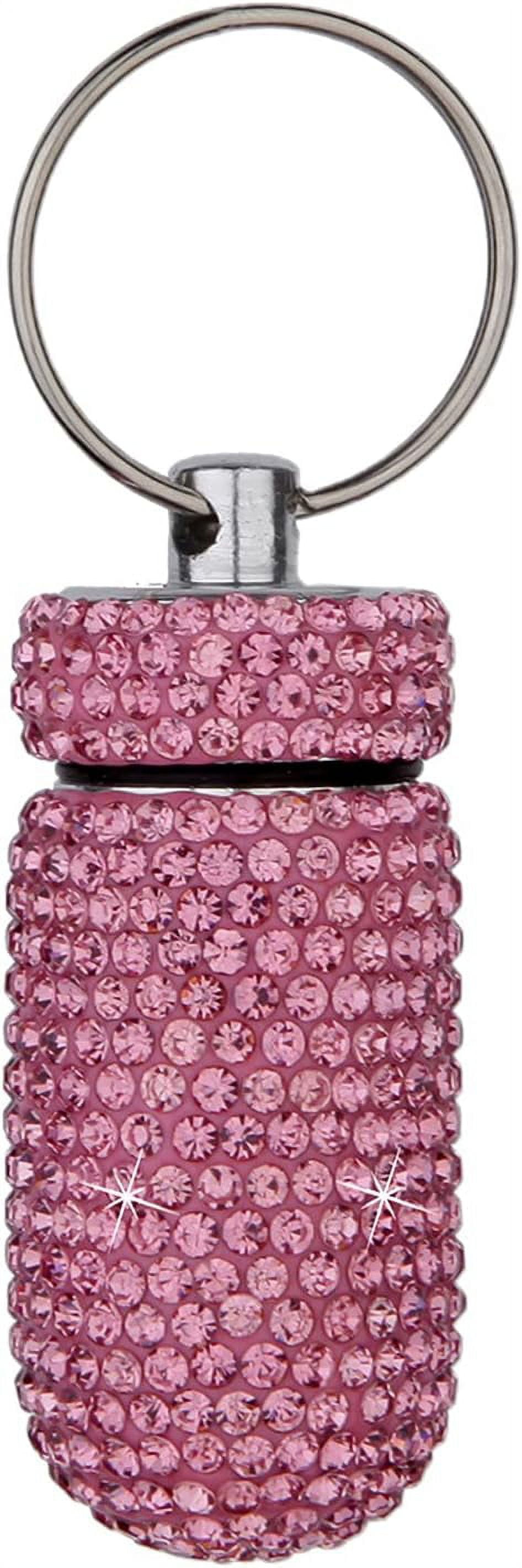 Keychain Pill Holder Pocket Pill Case Medicine Organizer Bottle,Sparkling Humanized Fine Workmanship Full Rhinestone Aluminum Alloy Vial for Hiking,Camping,Picnic,Climbing Pink