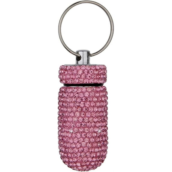 Keychain Pill Holder Pocket Pill Case Medicine Organizer Bottle,Sparkling Humanized Fine Workmanship Full Rhinestone Aluminum Alloy Vial for Hiking,Camping,Picnic,Climbing Pink
