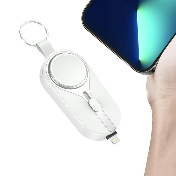 Keychain Portable Mini Charger for iPhone, 3000mAh Mini Power Emergency Pod, Ultra-Compact External Fast Charging Power Bank, Key Ring Cell Phone Charger-White