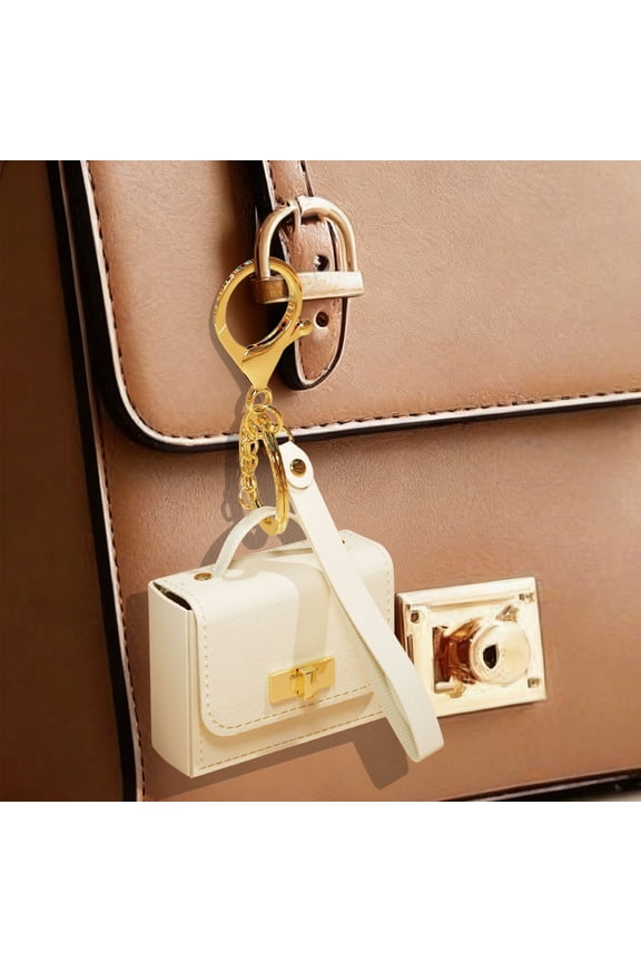 Keychain Pouch Mini Bag, QQZ Synthetic Leather Key Chain Pendant with Metal Hardware, Multi-Purpose Small Storage for Earphones Lipstick Essentials, Beige