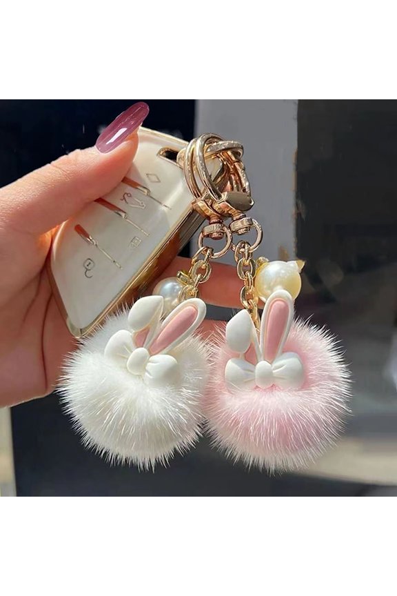 Keychain Rabbit Ear Soft Plush Ball Charm Key Chain Car Keys Bags Backpacks Kids Travel Accessories Stress Relief Gift