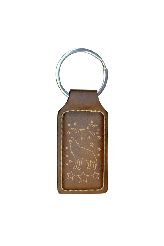 Keychain - Rectangle - Howling Wolf - Leather