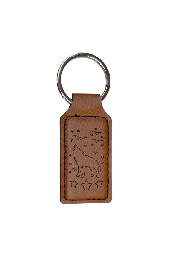 Keychain - Rectangle - Howling Wolf - Leather