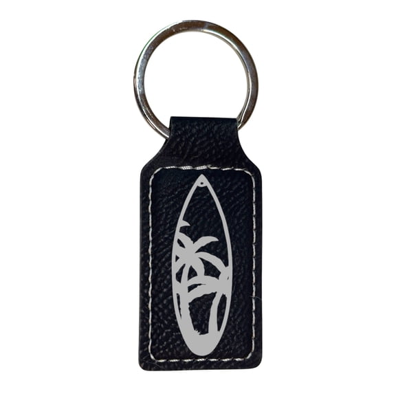 Keychain - Rectangle - Palm Tree Surfboard - Leather