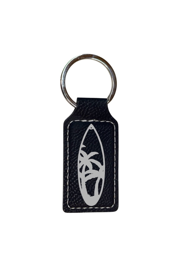 Keychain - Rectangle - Palm Tree Surfboard - Leather