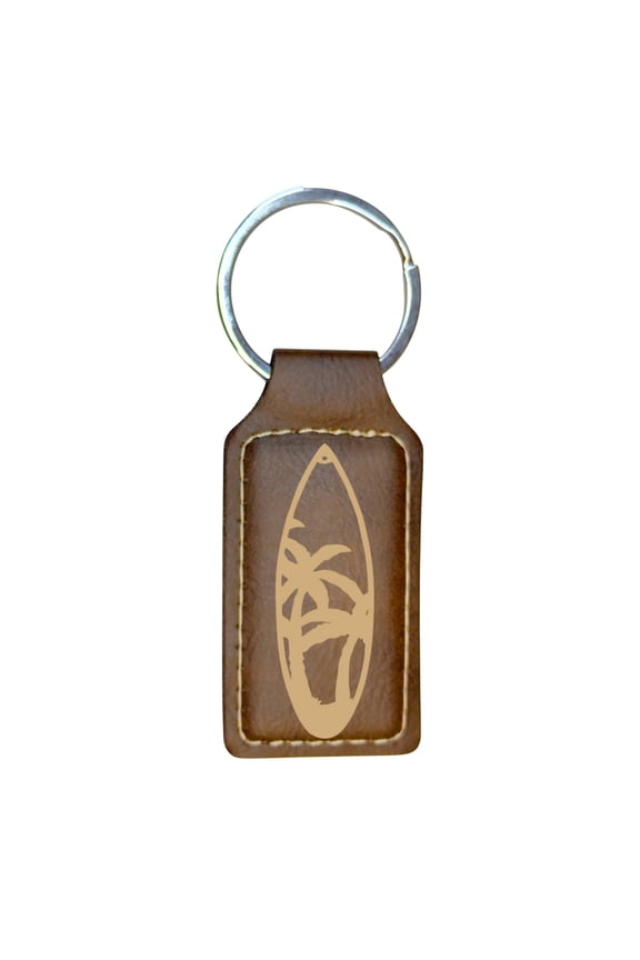 Keychain - Rectangle - Palm Tree Surfboard - Leather