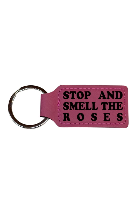 Keychain - Rectangle - Stop and smell the roses - Leather