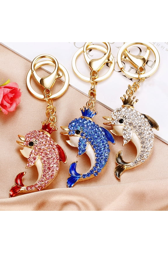 Keychain Sparkling Rhinestones Dolphin Charm Wearing Crown Key Chain Decorative Wallet Backpack Car Key Holder Bag Accessories