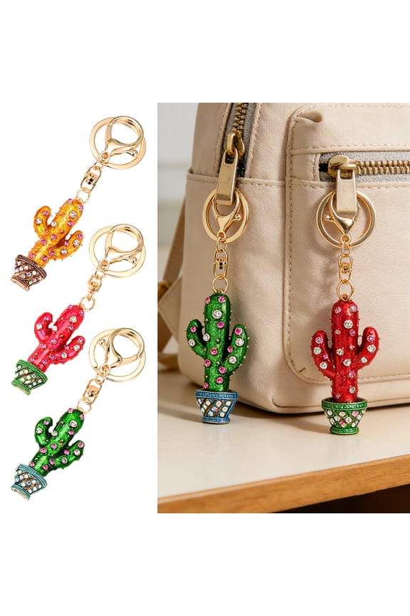 Keychain Sparkling Rhinestones Inlaid Cactus Design Keychain Pendant Enamel Oil Drip Process Smooth Edges Spring Buckle Key Holder Backpacks Accessory