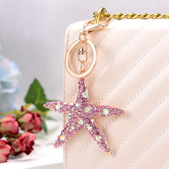 Keychain Sparkling Rhinestones Inlaid Starfish Design Keychain Pendant Enamel Oil Drip Process Smooth Edges Spring Buckle Key Holder Backpacks Accessory