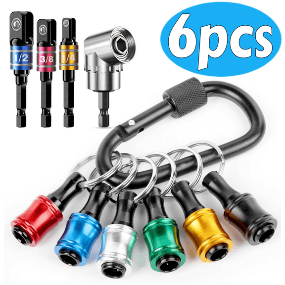 Keychain Tool Gadget for Men - 1/4 Inch Bit Holder with 6 Slots, 3-Piece Socket Adapter (1/4" 3/8" 1/2"), and 105 Right Angle Drill Driver Attachment | Electrician & DIY Tool Gift Set