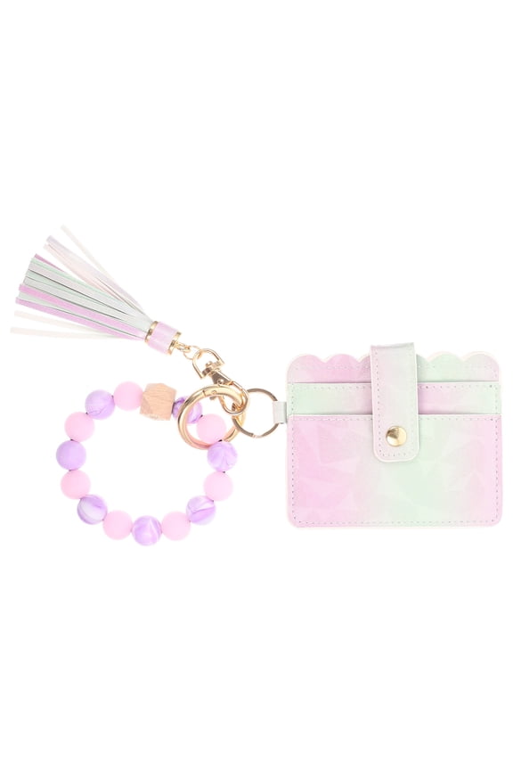 Decorative Key Ring Bracelet with Cards Pouch Beaded Design 1 Set Cards Holder Keychain Decor