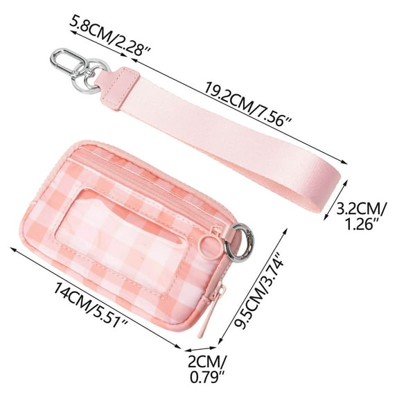 Keychain Wallet for Women, Checkered Mini Zip Card Holder with Id Window, Coin Purse, Detachable Wristlet, Small Organizer Wallet (A)