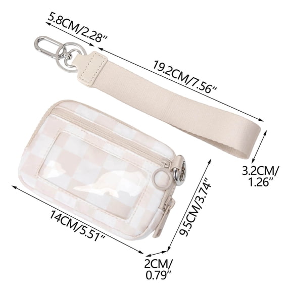 Keychain Wallet for Women, Checkered Mini Zip Card Holder with Id Window, Coin Purse, Detachable Wristlet, Small Organizer Wallet (B)