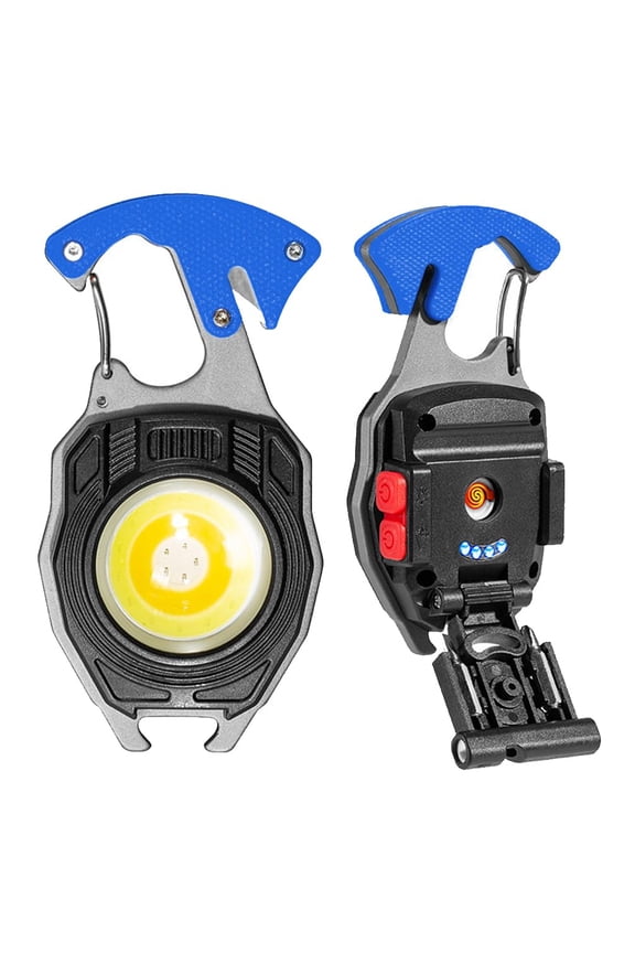 Keychain Work Light Keychain Flashlights, 7 Lighting Modes, 1600 Lumens, Rechargeable COB Work Light with Electric Lighter, Seat Belt Cutter, Screwdriver, Whistle blue 2pcs