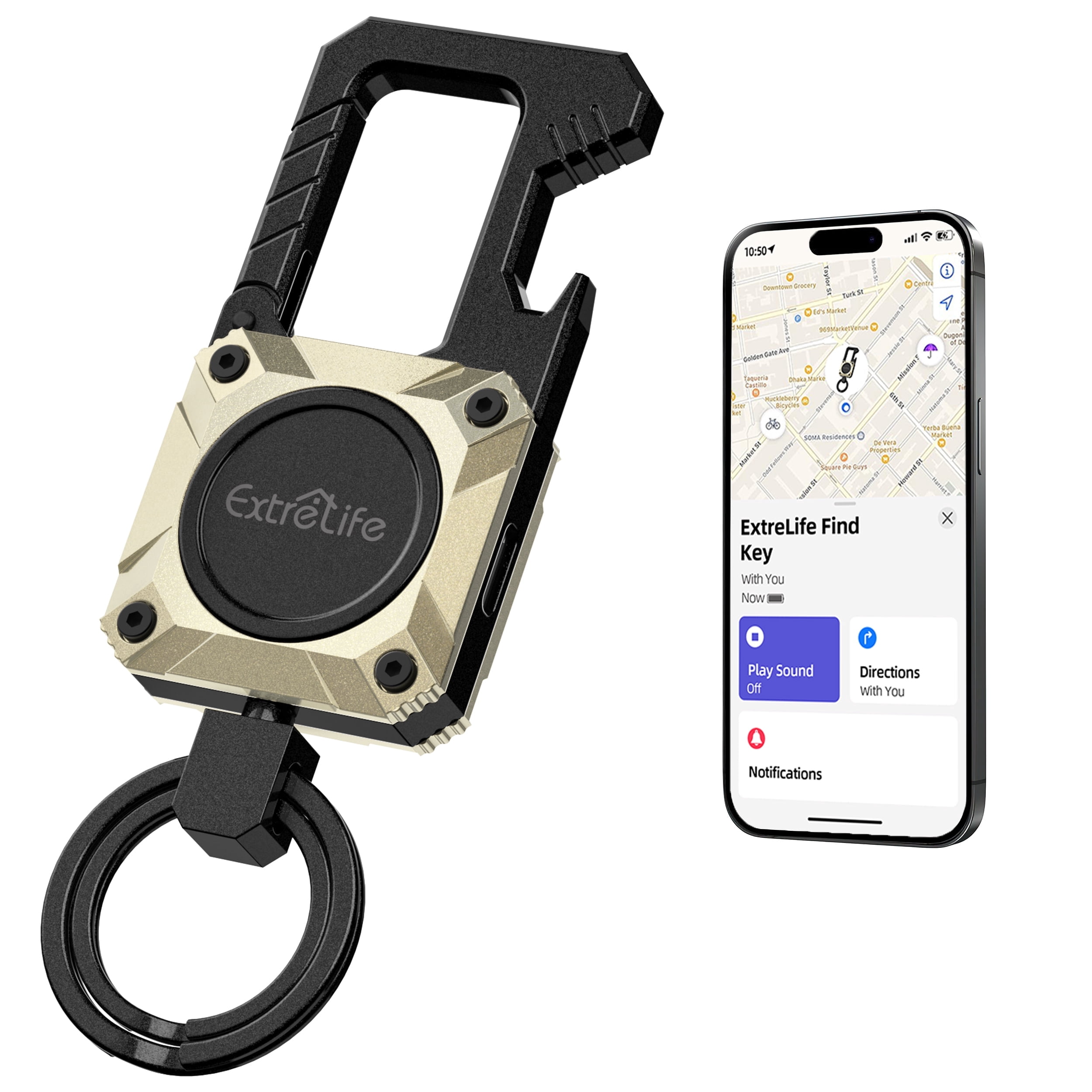 Extrelife Keychain Tracker, Men's Key Chain Words with Find My, Heavy Duty Keychain Carabiner Car Key Chains, Anti-Lost Tracker with Keyrings, Rechargeable & Waterproof