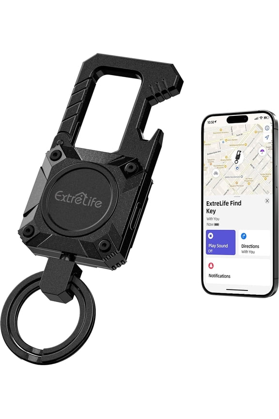 Keychain, Works with Apple Find My, Heavy Duty Keychain Bottle Opener, Carabiner Car Key Chains with Gps Tracker, Key Finder, Bluetooth Tracker for Luggage, Kids, Bags and More, Rechargeable, Black