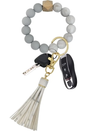Keychain Wristlet Silicone Beaded Bracelet for Women Car Key Ring Bangle Holder with Wood Cube and Tassel Soft Elastic Hand Wrist Keychains, 2-Pack