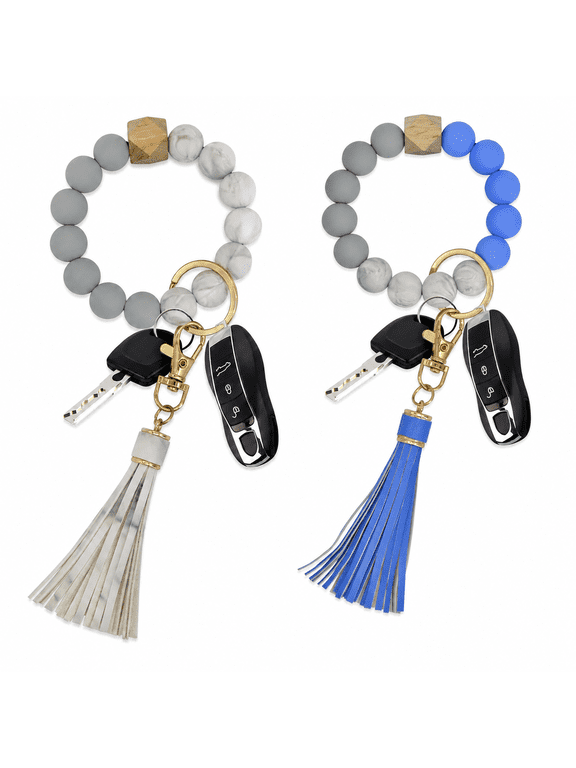 Keychain Wristlet Silicone Beaded Bracelet for Women Car Key Ring Bangle Holder with Wood Cube and Tassel Soft Elastic Hand Wrist Keychains, 2-Pack
