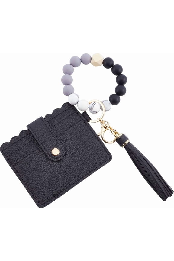 Keychain Wristlet Wallet PU Leather Rectangle Credit Card Wallet Silicone Wood Bead Tassels Wristband Key Ring Beaded Keychain Bracelets Holder Purse Gift for Women Mother Friends (Black) Black DIY