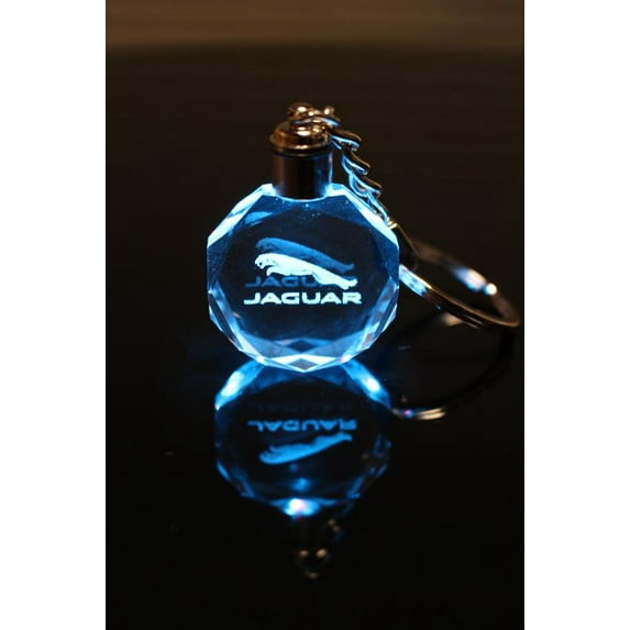 Keychain with Car Logo Laser Engraved Crystal Body w/Colorful LED Light for JAGUAR