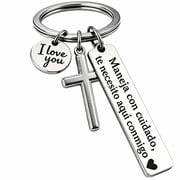 Keychain with Cross and I Love You Charm, maneja con cuidado te necesito aqui conmigo llavero for Men Boyfriend Husband