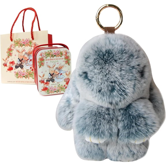 Keychain with Tin Adorable Soft Bunny Pompom Charm for Girls & Women