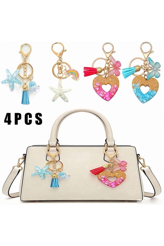 Keychains Set 4PCS, Fashion Resin Starfish Heart Tassel Key Rings, Cute Bag Charms for Women, Purse Backpack Decorative Accessories