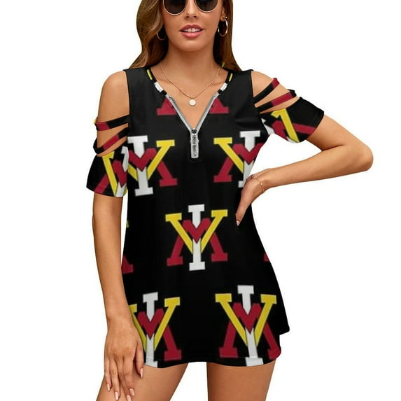Keydets-VMI Womens Summer V Neck Zipper Top Short Sleeve T Shirt Off Shoulder Top Casual Classy Loose Shirts