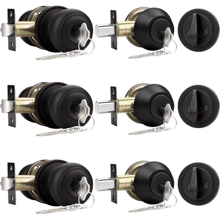 Keyed Alike Entry Door Knob and Single Cylinder Deadbolt Lockset, Oil Rubbed Bronze Front Door Knob with Key and Deadbolt, 3 Pack