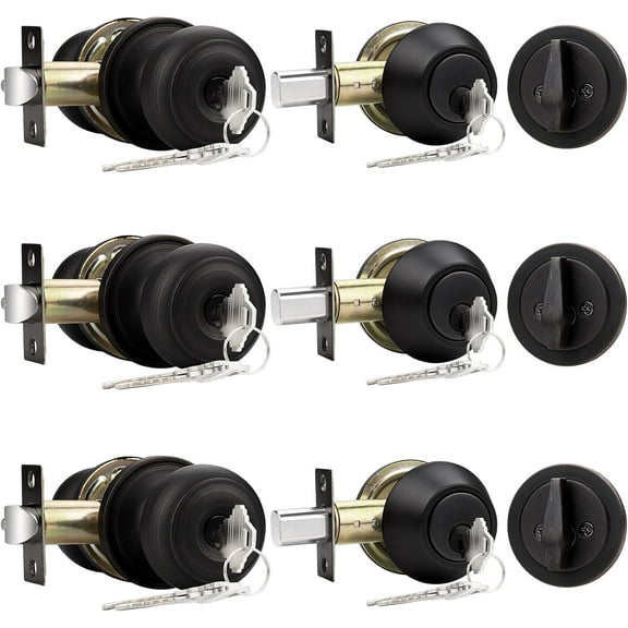 Keyed Alike Entry Door Knob and Single Cylinder Deadbolt Lockset, Oil Rubbed Bronze Front Door Knob with Key and Deadbolt, 3 Pack