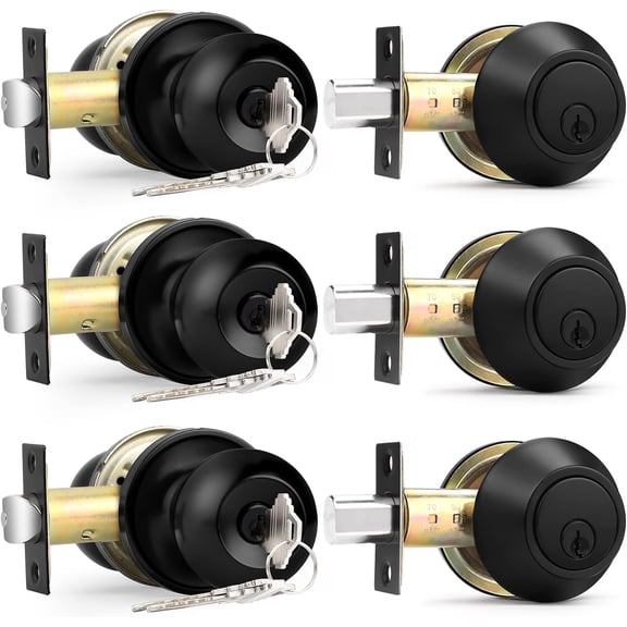 Keyed Alike Entry Door Knobs Lock Set and Single Cylinder Deadbolt Combination Set, Flat Black Exterior Front Door Locks,3 Pack
