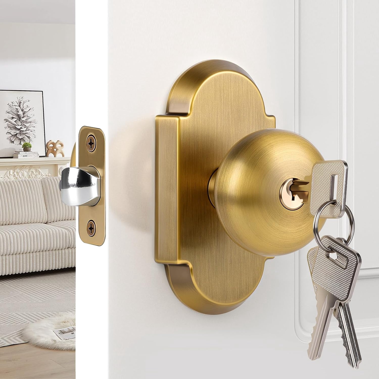 Keyed Alike Entry Door Knobs with Lock and Key, Antique Brass Door Knob Interior Entrance Door Lockset for for Front Door and Bedroom