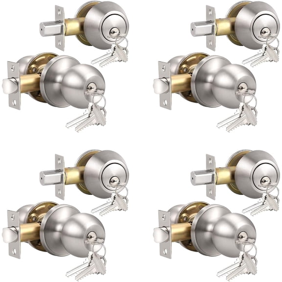 Keyed Alike Exterior Door Knob, Round Outdoor Lock with One Sided Deadbolt, Stainless Steel, Satin Nickel Door Knobs, Silver Door Handle Sets, 2 Pack