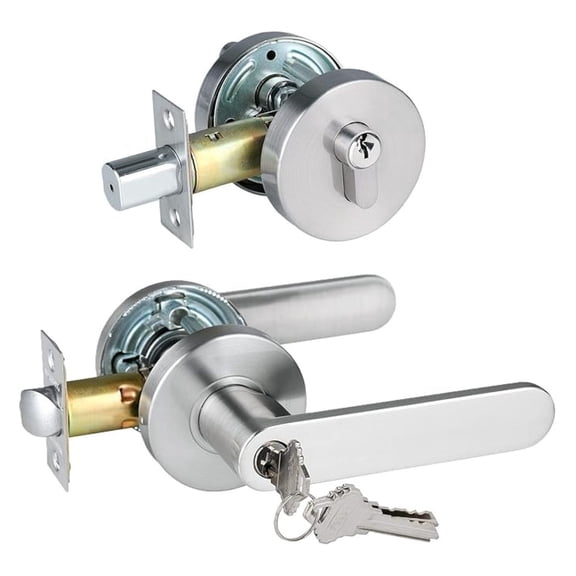 Keyed Alike Exterior Door Lock Set for Front Door and Office, Heavy Duty Lever Door Handle with Single Cylinder Deadbolt, Brushed Finish