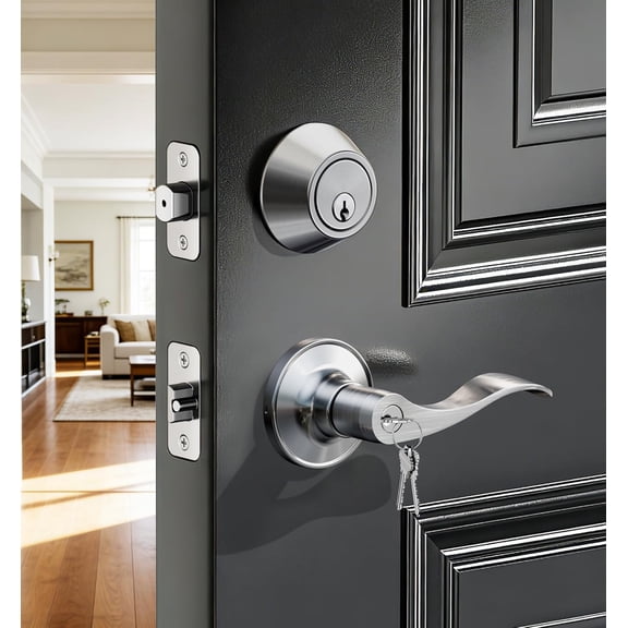 Keyed Alike Front Door Lever, Exterior Door Lever & Single Cylinder Deadbolt Combination Set, Wave Style Entry Door Knob, Heavy-Duty Reversible Left/Right Handle for Bedroom Doors, Satin Nic