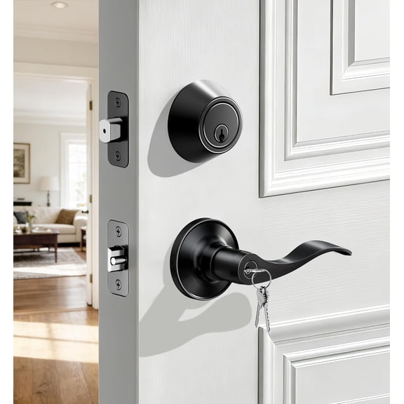 Keyed Alike Front Door Lever, Exterior Door Lever & Single Cylinder Deadbolt Combination Set, Wave Style Entry Door Knob, Heavy-Duty Reversible Left/Right Handle for Bedroom Doors, Matte Black