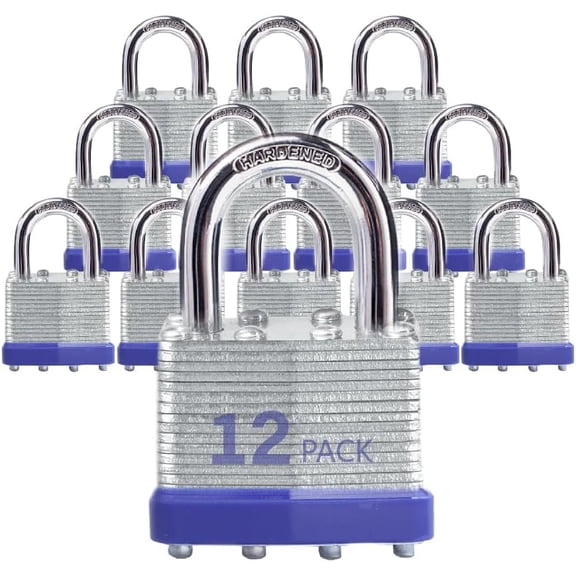 Keyed Alike Laminated Steel Padlocks, Standard Shackle, for Hasp, Shed, Fence, Storage Locker, School, Gym (12 Pack)