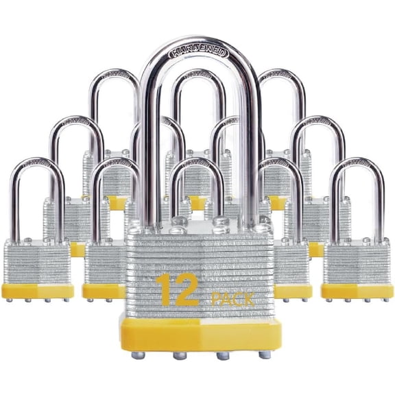 Keyed Alike Laminated Steel Padlocks with Long Shackle for Sheds, Fences & Lockers (12-Pack)